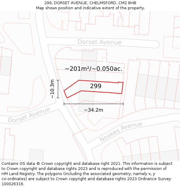 299, DORSET AVENUE, CHELMSFORD, CM2 8HB: Plot and title map