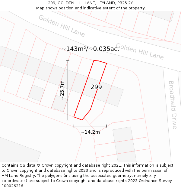 299, GOLDEN HILL LANE, LEYLAND, PR25 2YJ: Plot and title map