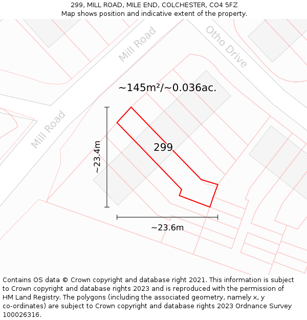 299, MILL ROAD, MILE END, COLCHESTER, CO4 5FZ: Plot and title map