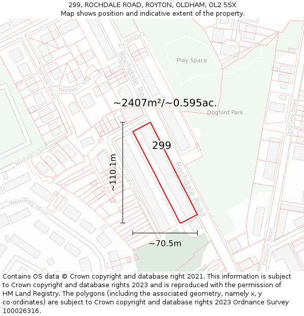 299, ROCHDALE ROAD, ROYTON, OLDHAM, OL2 5SX: Plot and title map
