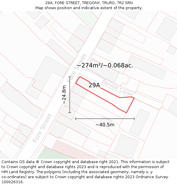 29A, FORE STREET, TREGONY, TRURO, TR2 5RN: Plot and title map