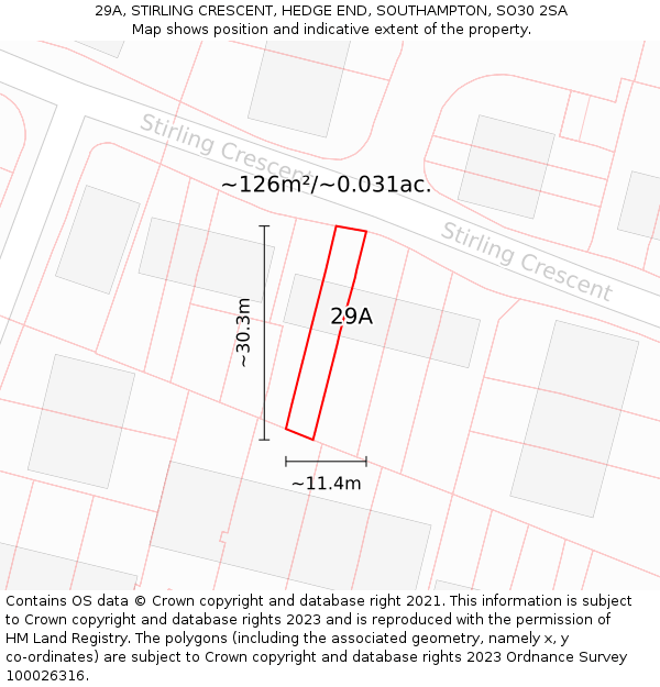 29A, STIRLING CRESCENT, HEDGE END, SOUTHAMPTON, SO30 2SA: Plot and title map