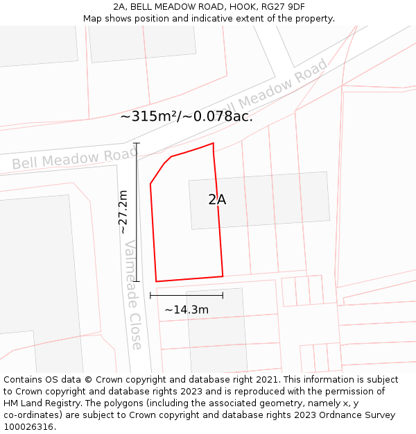 2A, BELL MEADOW ROAD, HOOK, RG27 9DF: Plot and title map