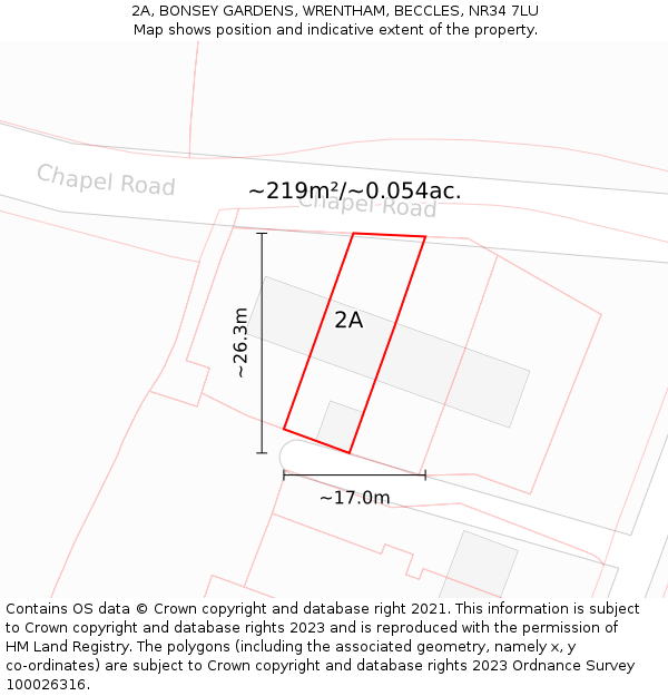 2A, BONSEY GARDENS, WRENTHAM, BECCLES, NR34 7LU: Plot and title map
