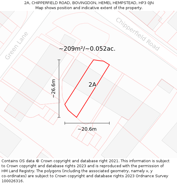 2A, CHIPPERFIELD ROAD, BOVINGDON, HEMEL HEMPSTEAD, HP3 0JN: Plot and title map