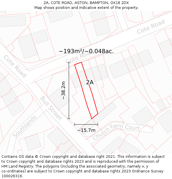2A, COTE ROAD, ASTON, BAMPTON, OX18 2DX: Plot and title map
