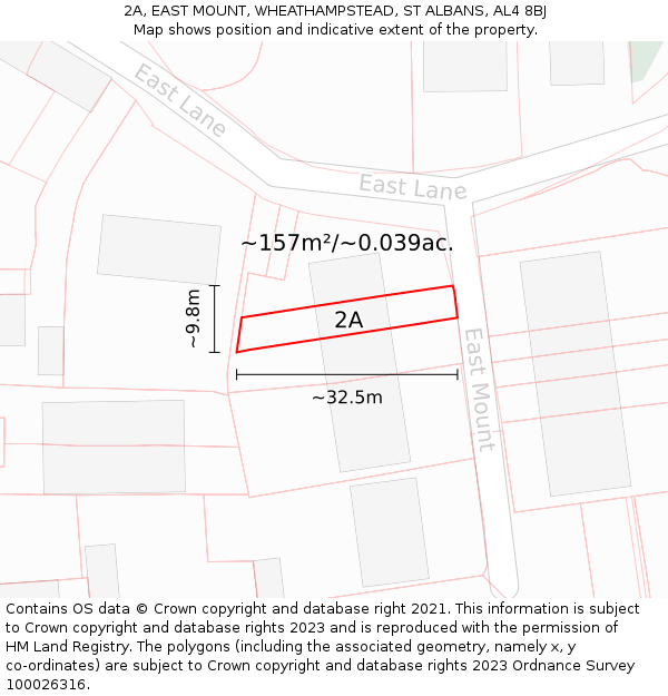 2A, EAST MOUNT, WHEATHAMPSTEAD, ST ALBANS, AL4 8BJ: Plot and title map
