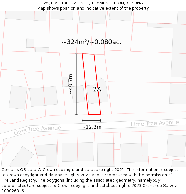 2A, LIME TREE AVENUE, THAMES DITTON, KT7 0NA: Plot and title map