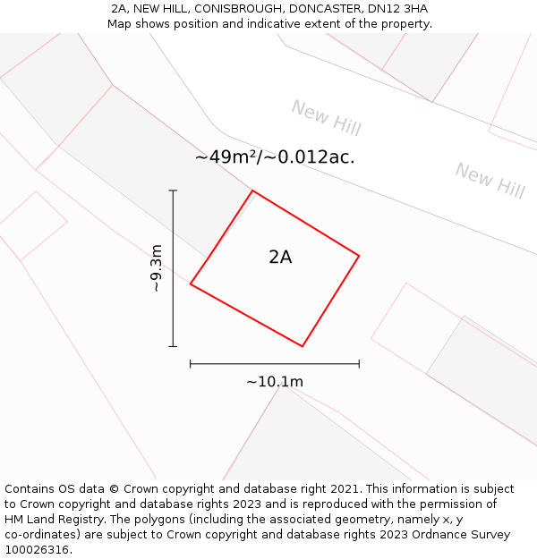 2A, NEW HILL, CONISBROUGH, DONCASTER, DN12 3HA: Plot and title map