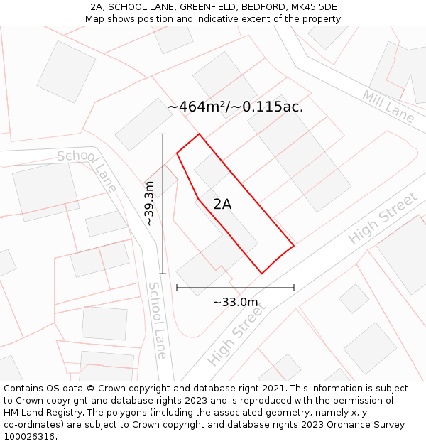 2A, SCHOOL LANE, GREENFIELD, BEDFORD, MK45 5DE: Plot and title map