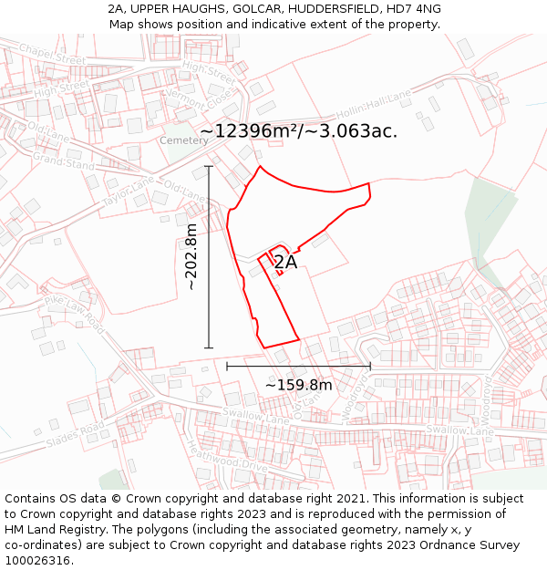 2A, UPPER HAUGHS, GOLCAR, HUDDERSFIELD, HD7 4NG: Plot and title map