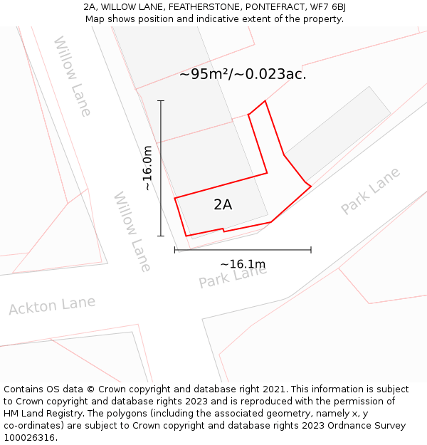2A, WILLOW LANE, FEATHERSTONE, PONTEFRACT, WF7 6BJ: Plot and title map