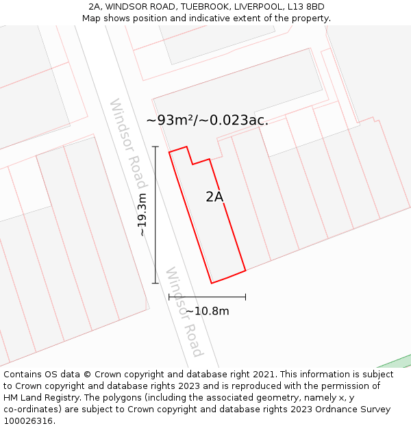 2A, WINDSOR ROAD, TUEBROOK, LIVERPOOL, L13 8BD: Plot and title map