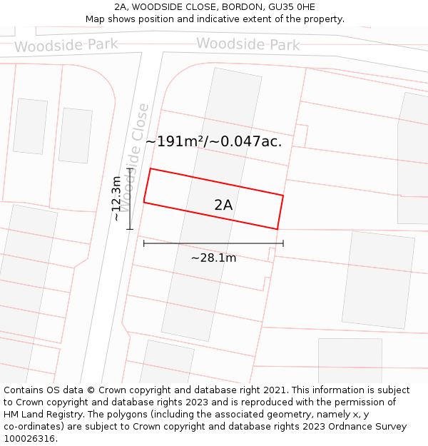 2A, WOODSIDE CLOSE, BORDON, GU35 0HE: Plot and title map