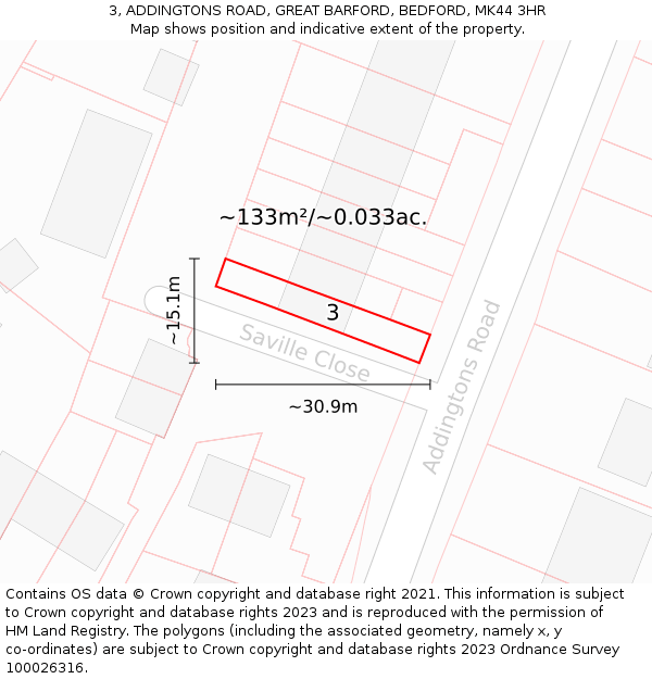 3, ADDINGTONS ROAD, GREAT BARFORD, BEDFORD, MK44 3HR: Plot and title map