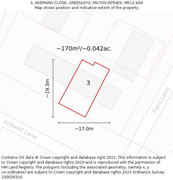 3, AKERMAN CLOSE, GREENLEYS, MILTON KEYNES, MK12 6AA: Plot and title map