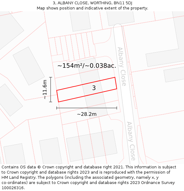 3, ALBANY CLOSE, WORTHING, BN11 5DJ: Plot and title map