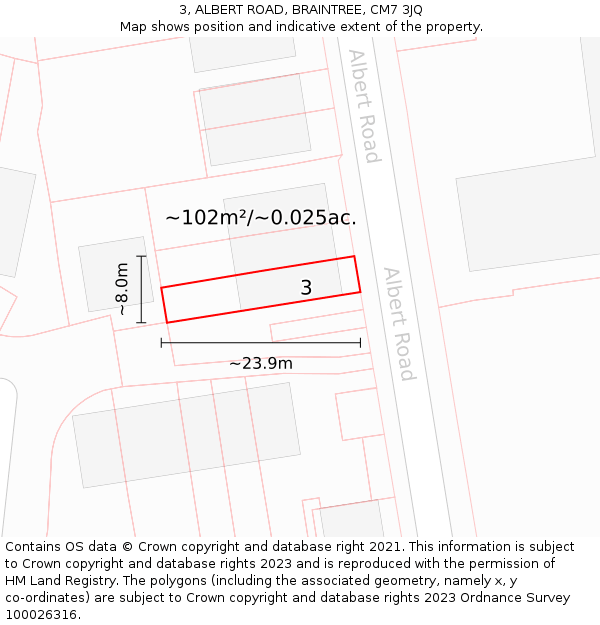 3, ALBERT ROAD, BRAINTREE, CM7 3JQ: Plot and title map