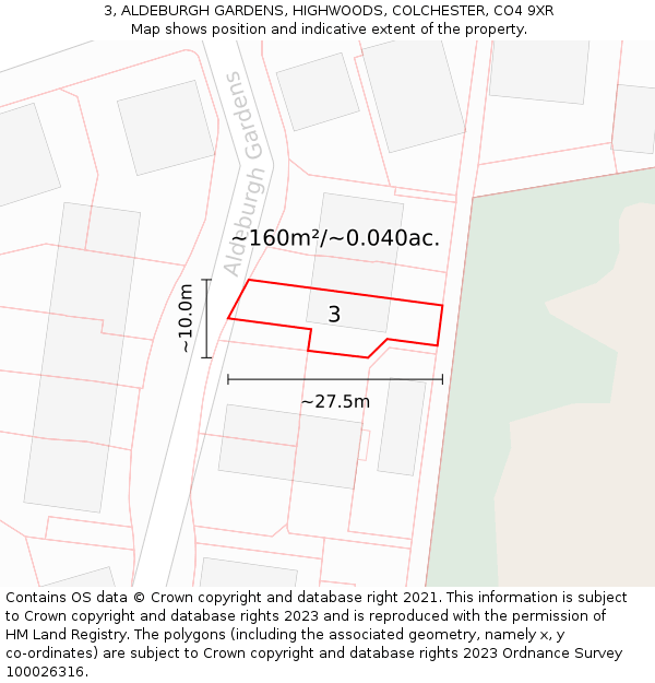 3, ALDEBURGH GARDENS, HIGHWOODS, COLCHESTER, CO4 9XR: Plot and title map