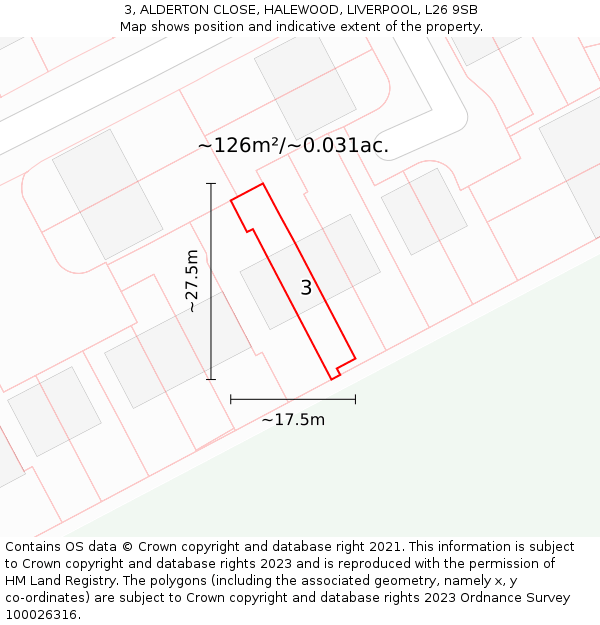 3, ALDERTON CLOSE, HALEWOOD, LIVERPOOL, L26 9SB: Plot and title map