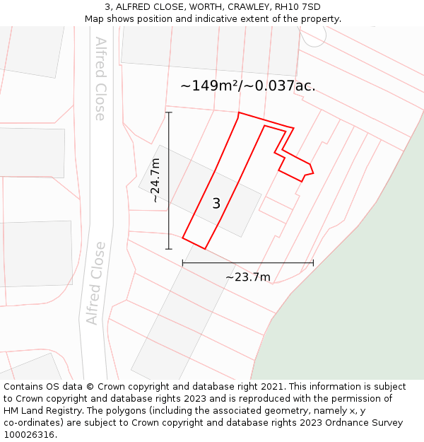 3, ALFRED CLOSE, WORTH, CRAWLEY, RH10 7SD: Plot and title map