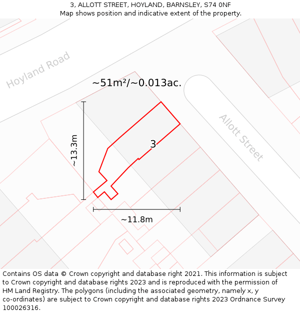 3, ALLOTT STREET, HOYLAND, BARNSLEY, S74 0NF: Plot and title map