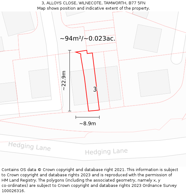 3, ALLOYS CLOSE, WILNECOTE, TAMWORTH, B77 5FN: Plot and title map