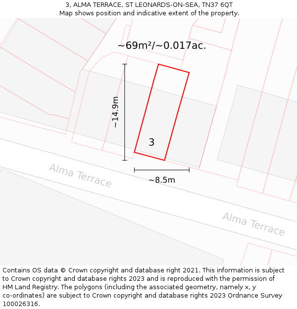 3, ALMA TERRACE, ST LEONARDS-ON-SEA, TN37 6QT: Plot and title map