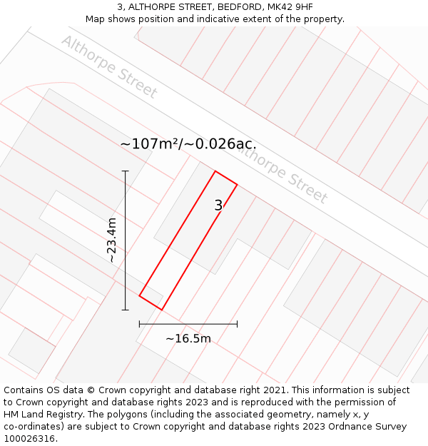 3, ALTHORPE STREET, BEDFORD, MK42 9HF: Plot and title map