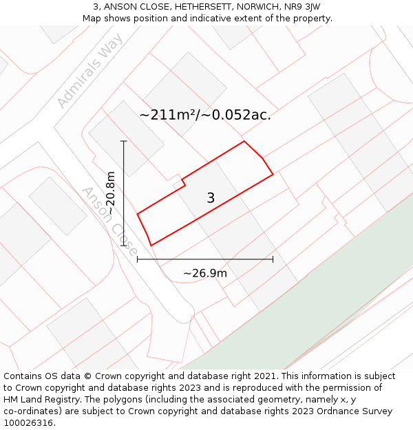 3, ANSON CLOSE, HETHERSETT, NORWICH, NR9 3JW: Plot and title map