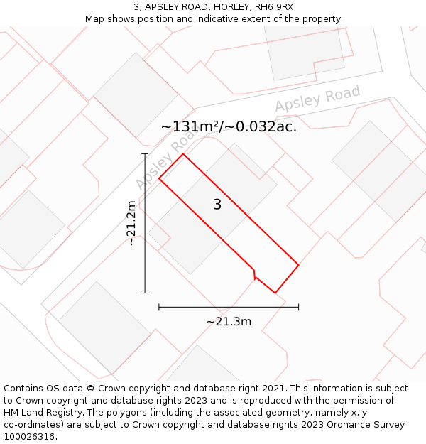 3, APSLEY ROAD, HORLEY, RH6 9RX: Plot and title map