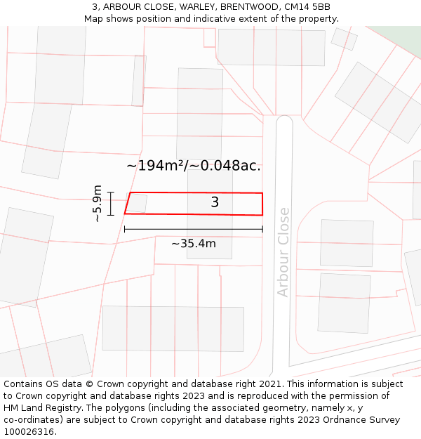 3, ARBOUR CLOSE, WARLEY, BRENTWOOD, CM14 5BB: Plot and title map