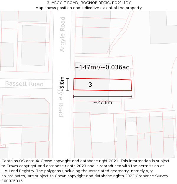 3, ARGYLE ROAD, BOGNOR REGIS, PO21 1DY: Plot and title map