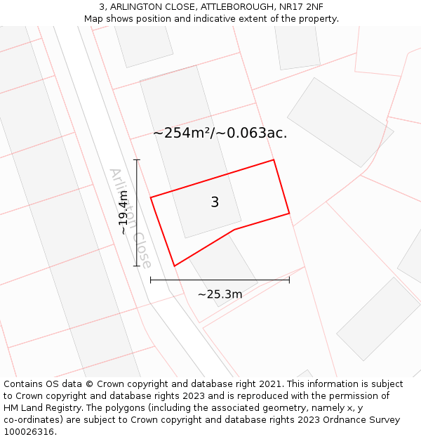 3, ARLINGTON CLOSE, ATTLEBOROUGH, NR17 2NF: Plot and title map