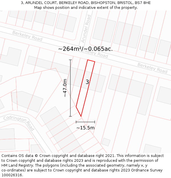 3, ARUNDEL COURT, BERKELEY ROAD, BISHOPSTON, BRISTOL, BS7 8HE: Plot and title map