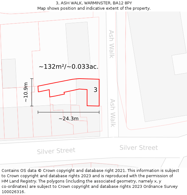 3, ASH WALK, WARMINSTER, BA12 8PY: Plot and title map