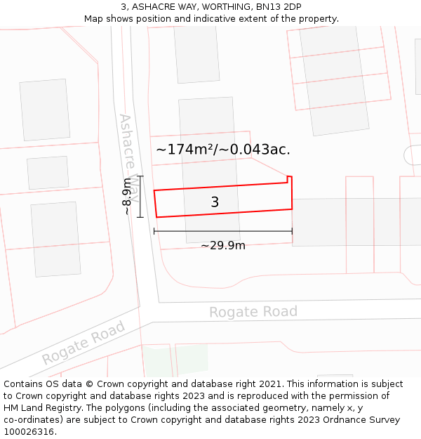 3, ASHACRE WAY, WORTHING, BN13 2DP: Plot and title map