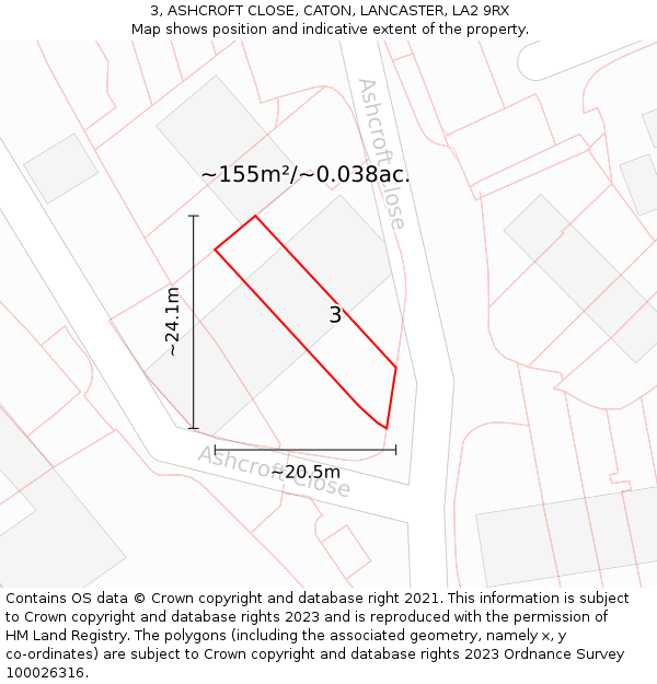 3, ASHCROFT CLOSE, CATON, LANCASTER, LA2 9RX: Plot and title map
