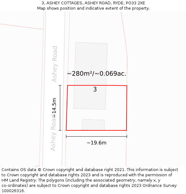 3, ASHEY COTTAGES, ASHEY ROAD, RYDE, PO33 2XE: Plot and title map
