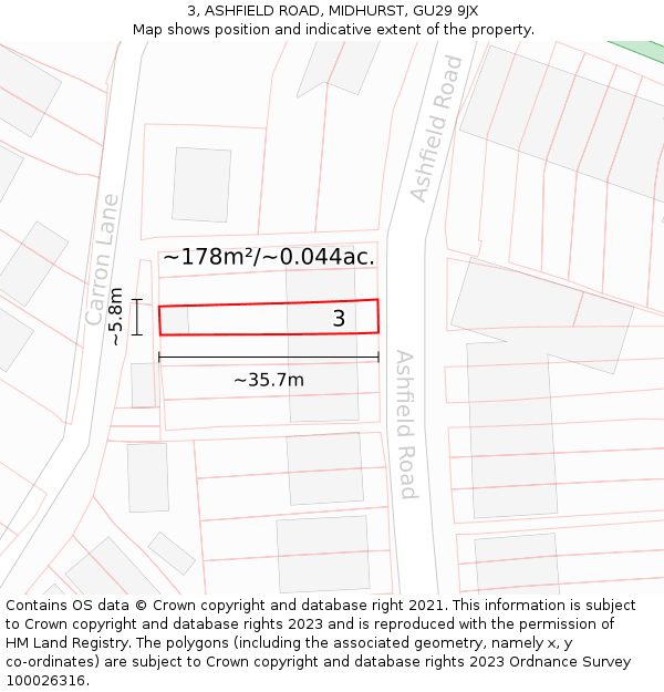3, ASHFIELD ROAD, MIDHURST, GU29 9JX: Plot and title map