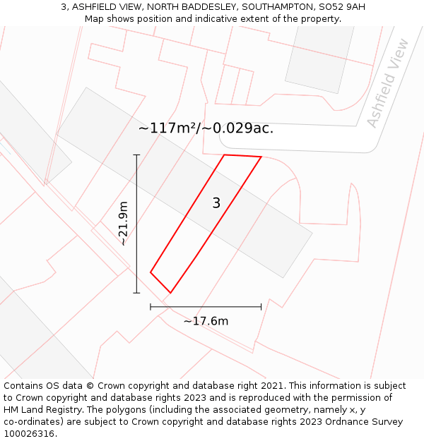 3, ASHFIELD VIEW, NORTH BADDESLEY, SOUTHAMPTON, SO52 9AH: Plot and title map