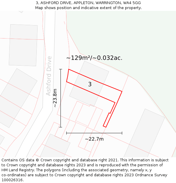 3, ASHFORD DRIVE, APPLETON, WARRINGTON, WA4 5GG: Plot and title map