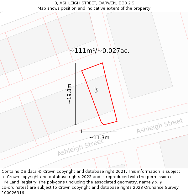 3, ASHLEIGH STREET, DARWEN, BB3 2JS: Plot and title map