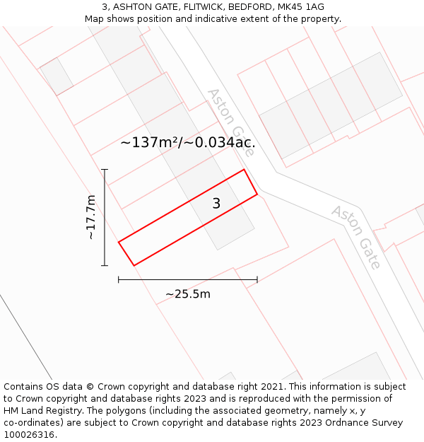 3, ASHTON GATE, FLITWICK, BEDFORD, MK45 1AG: Plot and title map