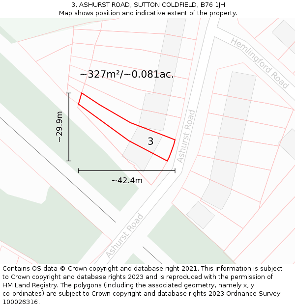 3, ASHURST ROAD, SUTTON COLDFIELD, B76 1JH: Plot and title map