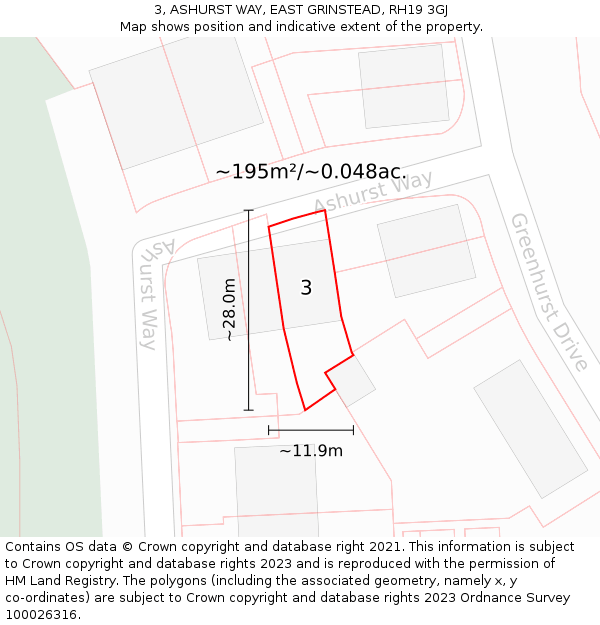 3, ASHURST WAY, EAST GRINSTEAD, RH19 3GJ: Plot and title map