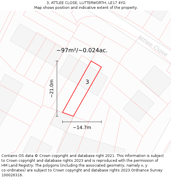 3, ATTLEE CLOSE, LUTTERWORTH, LE17 4YG: Plot and title map