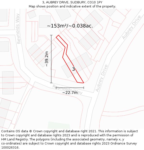 3, AUBREY DRIVE, SUDBURY, CO10 1PY: Plot and title map