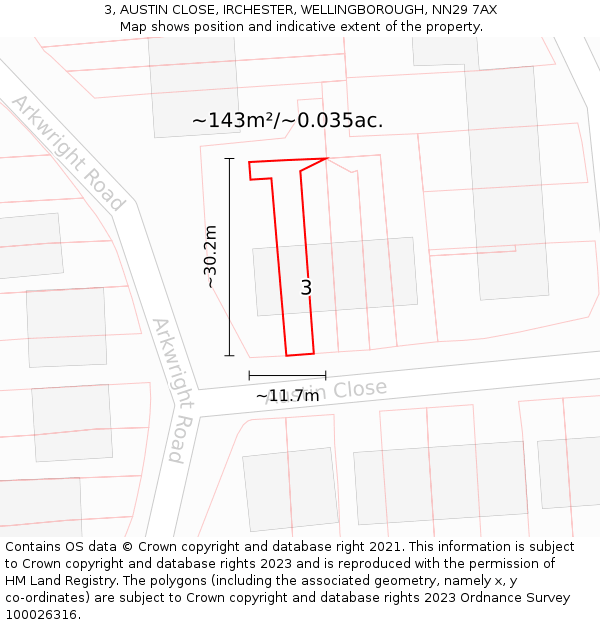 3, AUSTIN CLOSE, IRCHESTER, WELLINGBOROUGH, NN29 7AX: Plot and title map