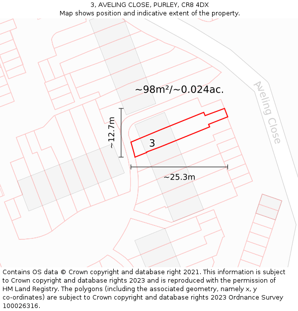 3, AVELING CLOSE, PURLEY, CR8 4DX: Plot and title map